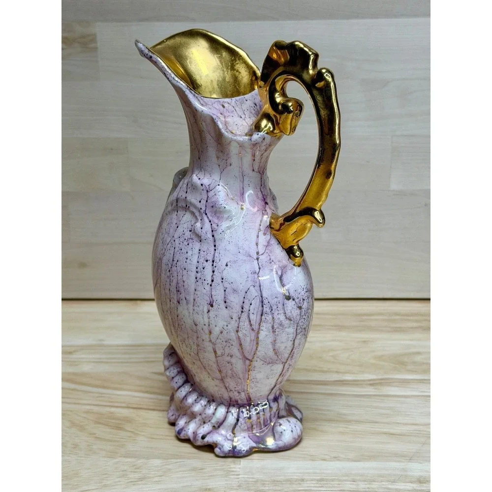 VTG Pink Gold Gilt Ceramic Ewer Pitcher Vase Hollywood Regency Drip Glaze signed